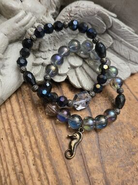 Iridescent Black and Multi Beaded Seahorse Charm Bracelet Set